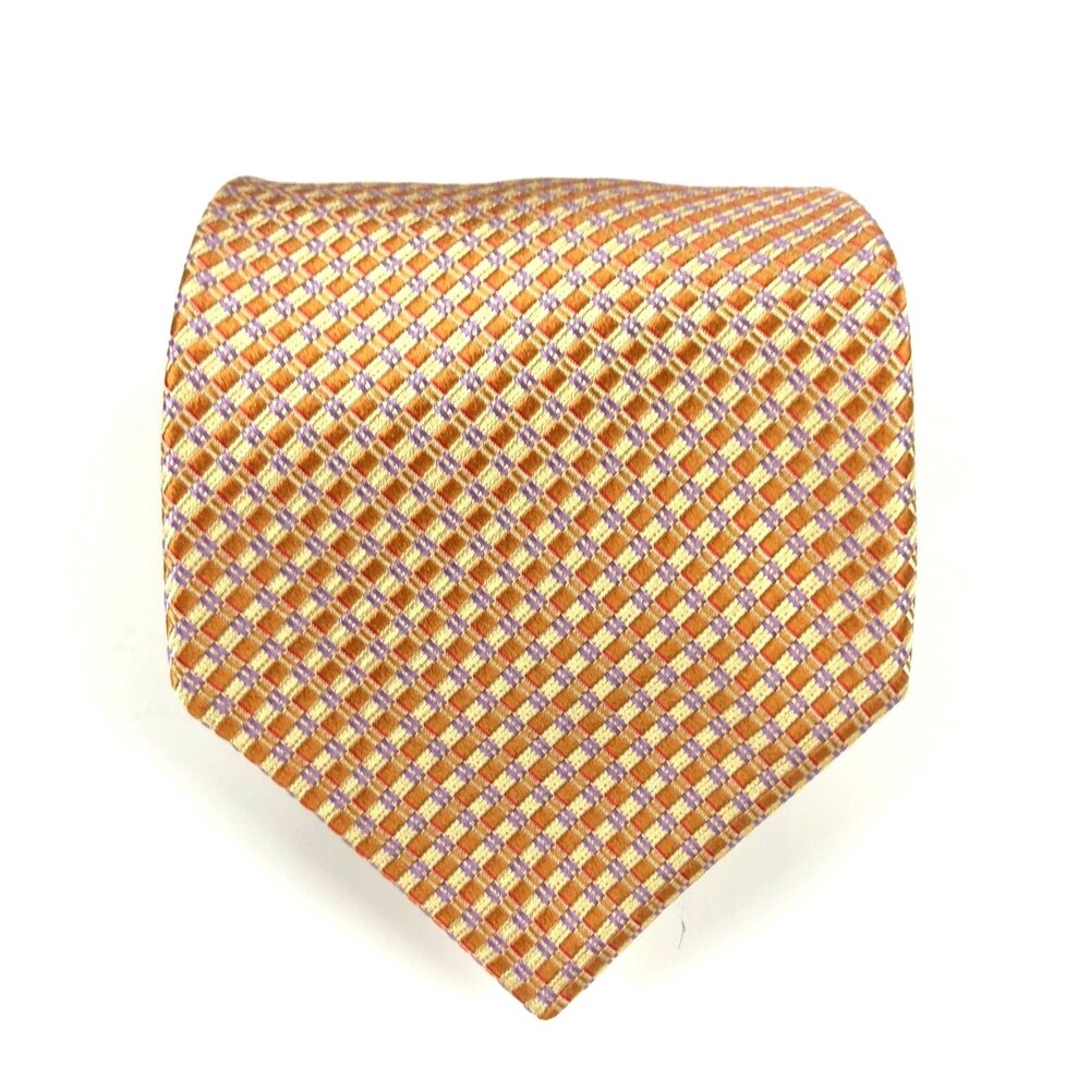 Ike Behar Men's Silk Handmade Orange Yellow Purple Plaid Elegant Necktie 57"